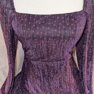 City Studio Shimmery Plum Square Neck Long-Sleeve Dress